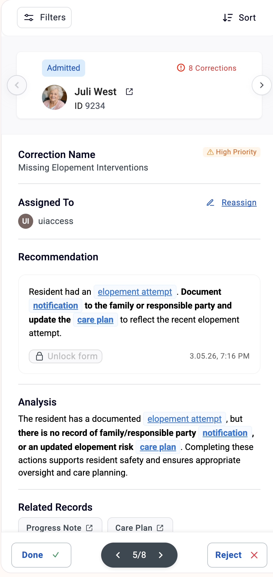Guardoc mobile correction view with patient details and action buttons