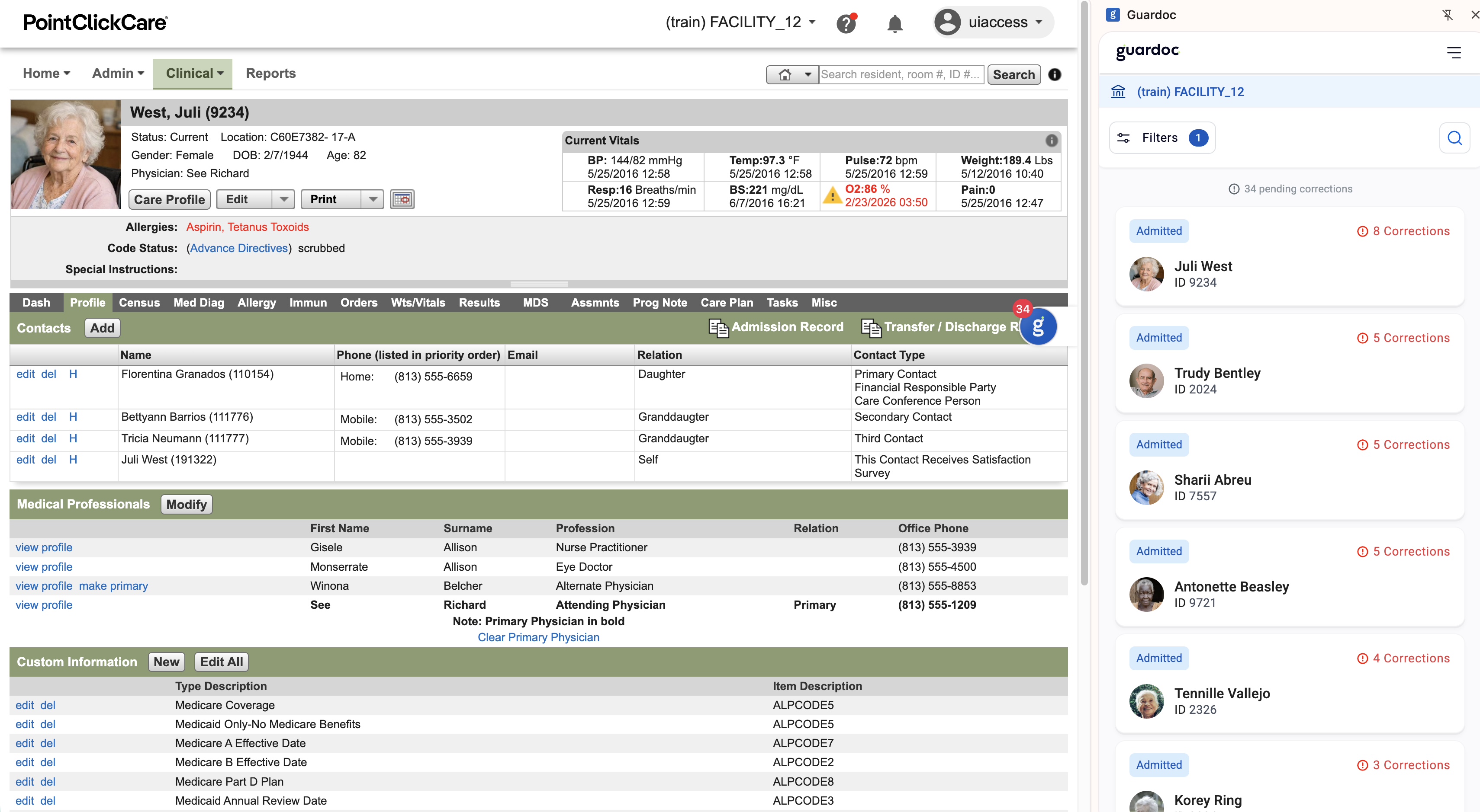 Guardoc sidebar showing patient list with correction counts inside your EHR